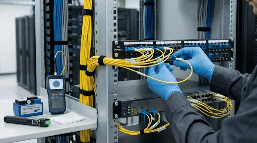 Fiber jumper installation in a data center rack with patch cords, connectors, and cleaning tools Fiber jumper installation in a data center rack with patch cords, connectors, and cleaning tools