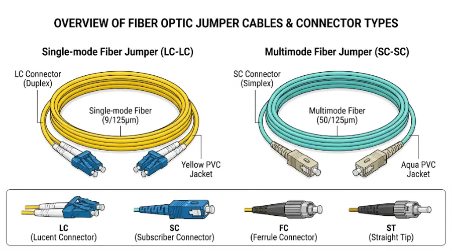 Fiber jumper cable structure with LC SC FC and ST connector examples Fiber jumper cable structure with LC SC FC and ST connector examples