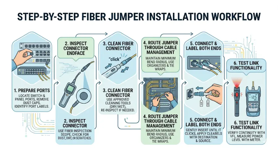 Step-by-step workflow for installing a fiber jumper cable Step-by-step workflow for installing a fiber jumper cable