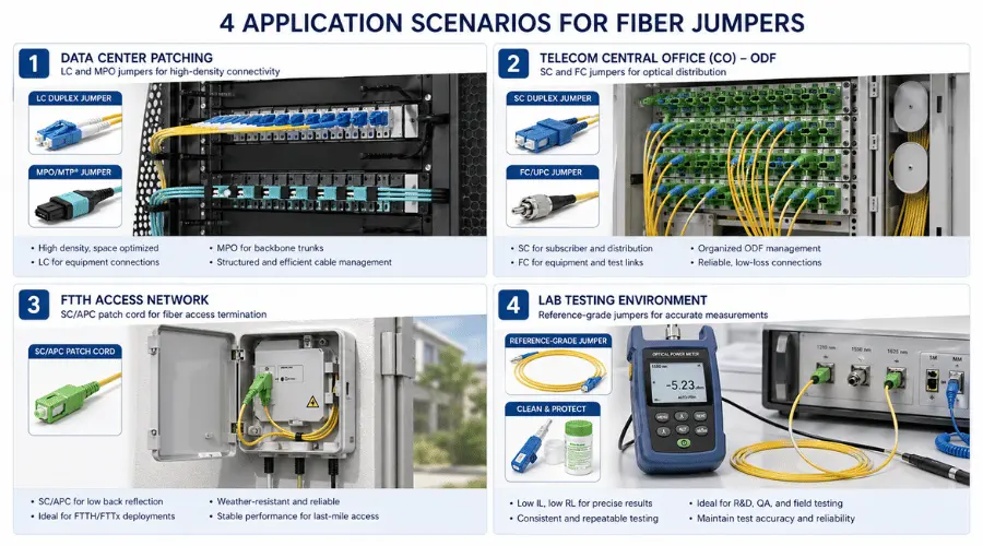 Fiber jumper applications in data centers telecom ODF FTTH and lab testing