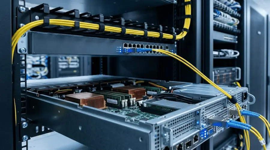 Fiber network card installed in a server with SFP+ transceivers and fiber patch cords