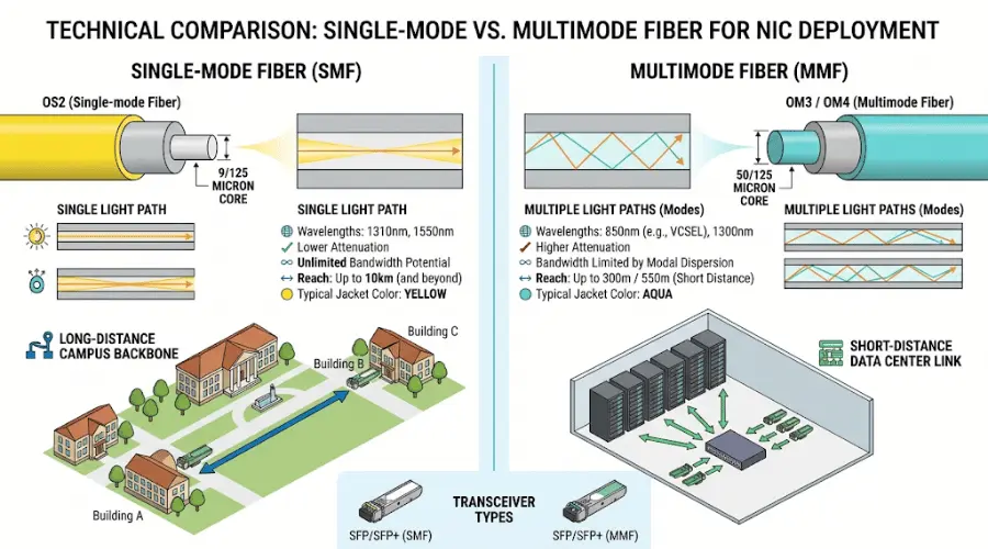 Single-mode vs multimode fiber comparison for fiber NIC transceivers Single-mode vs multimode fiber comparison for fiber NIC transceivers