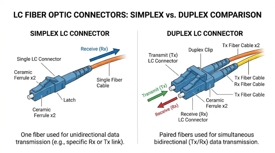 Simplex LC vs duplex LC connector comparison showing one fiber versus Tx and Rx fiber pair Simplex LC vs duplex LC connector comparison showing one fiber versus Tx and Rx fiber pair