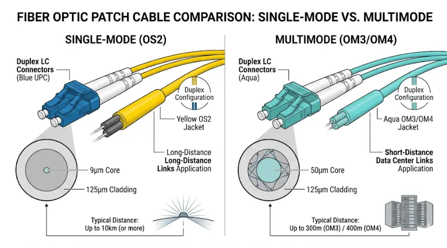 Single-mode and multimode duplex LC patch cable comparison for OS2 and OM3 OM4 fiber