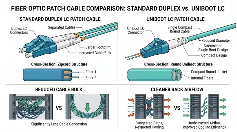 Standard duplex LC cable vs uniboot LC cable showing reduced cable bulk