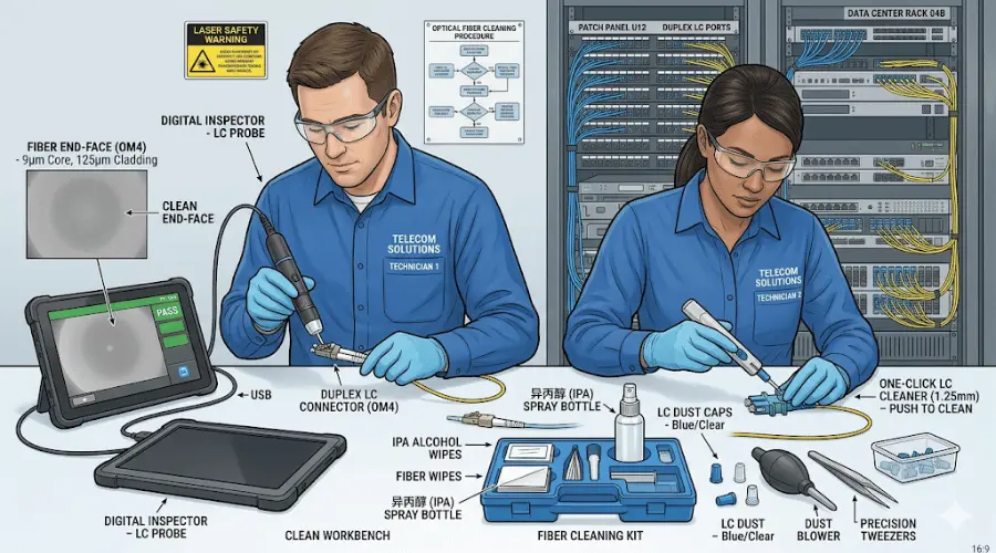 Technician cleaning and inspecting a duplex LC fiber connector before installation