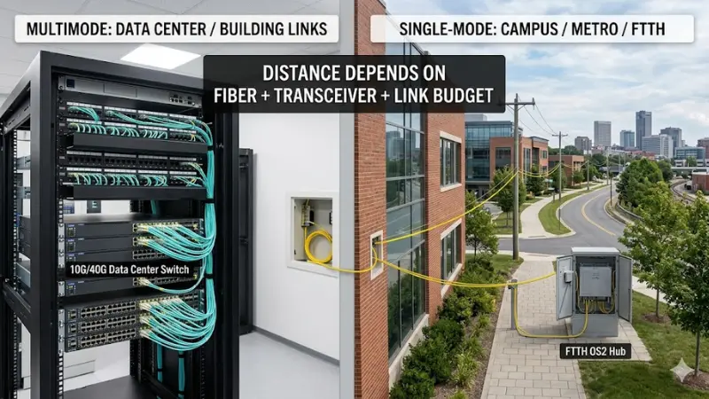 Fiber optic cable distance guide showing multimode short links and single-mode long-distance links Fiber optic cable distance guide showing multimode short links and single-mode long-distance links