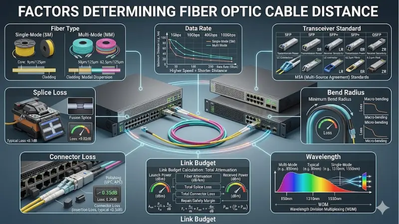 Key factors that determine fiber optic cable distance including fiber type transceiver and link budget Key factors that determine fiber optic cable distance including fiber type transceiver and link budget
