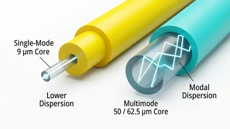 Single-mode and multimode fiber core comparison showing 9 micron and 50 micron core sizes