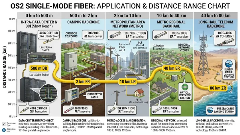 OS2 single-mode fiber distance examples from 500 meters to 80 kilometers