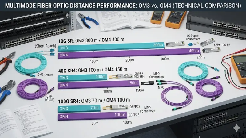 Multimode OM3 and OM4 fiber distance comparison for 10G 40G and 100G links Multimode OM3 and OM4 fiber distance comparison for 10G 40G and 100G links