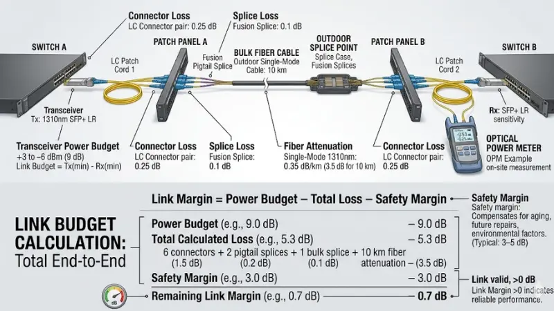 Fiber optic link budget diagram showing power budget attenuation connector loss splice loss and safety margin Fiber optic link budget diagram showing power budget attenuation connector loss splice loss and safety margin
