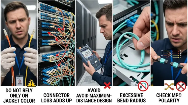 Common fiber optic distance planning mistakes including connector loss bend radius and MPO polarity mismatch Common fiber optic distance planning mistakes including connector loss bend radius and MPO polarity mismatch