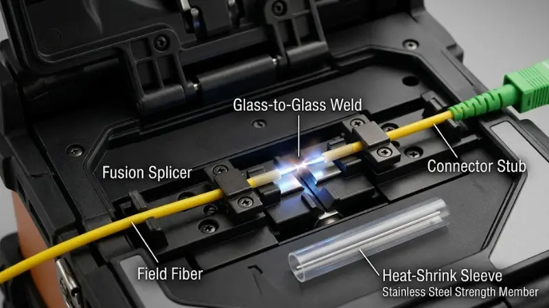 Fusion splice-on fiber optic connector installed with a fusion splicer and heat-shrink protection sleeve