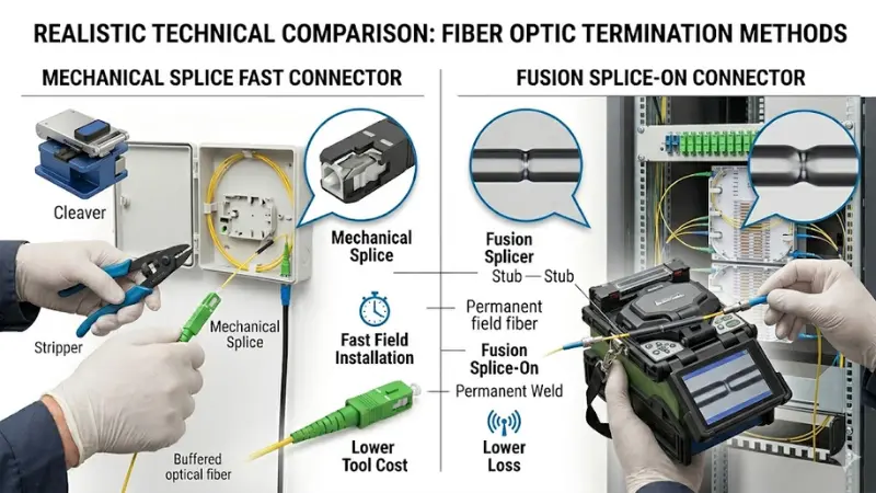 Side-by-side comparison of mechanical splice fast connector and fusion splice-on connector for fiber field termination