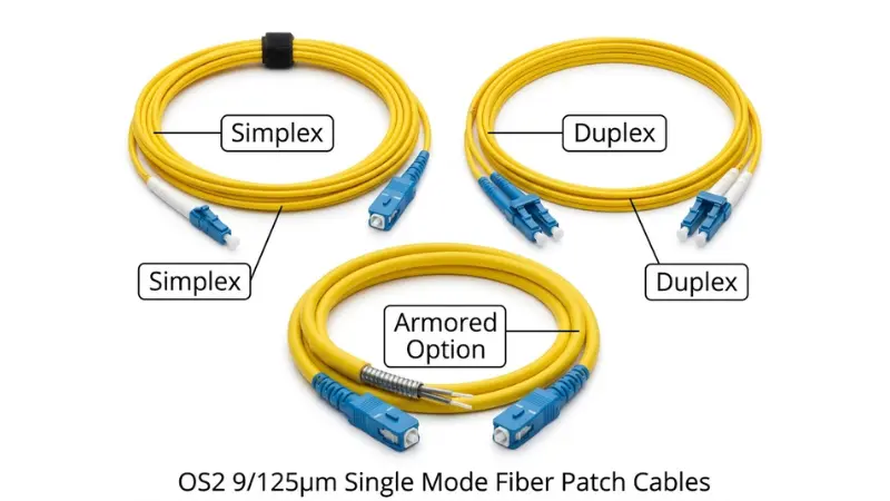 Simplex duplex and armored OS2 single mode fiber patch cable types Simplex duplex and armored OS2 single mode fiber patch cable types