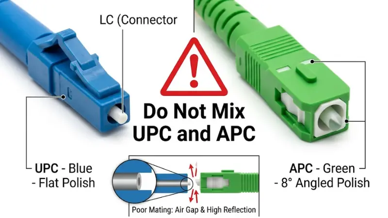 UPC and APC fiber connector polish comparison with warning not to mix blue UPC and green APC connectors