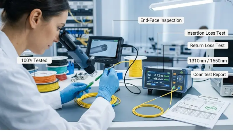 Fiber optic patch cable end face inspection insertion loss and return loss testing Fiber optic patch cable end face inspection insertion loss and return loss testing