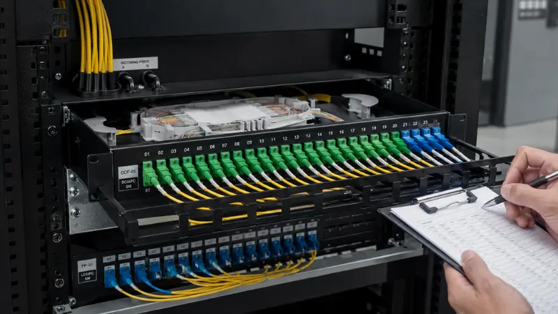 Optical fiber patch panel ODF installed in a 19-inch telecom rack with organized fiber cable management